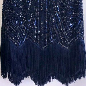 Aidan Navy Beaded Fringe Hem Short Cocktail Dress